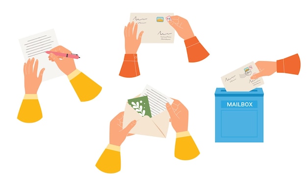 Vettore set di mani icona con busta e lettera concetto di invio di lettere tramite il servizio postale