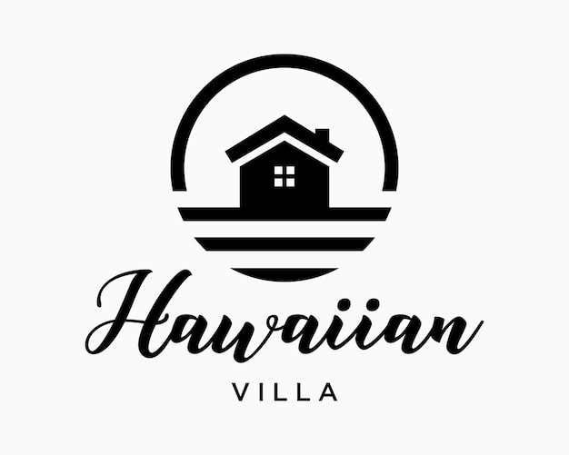 Vettore imposta icona casa casa villa motel alloggio spiaggia mare stile cerchio tramonto alba design a strisce vettore