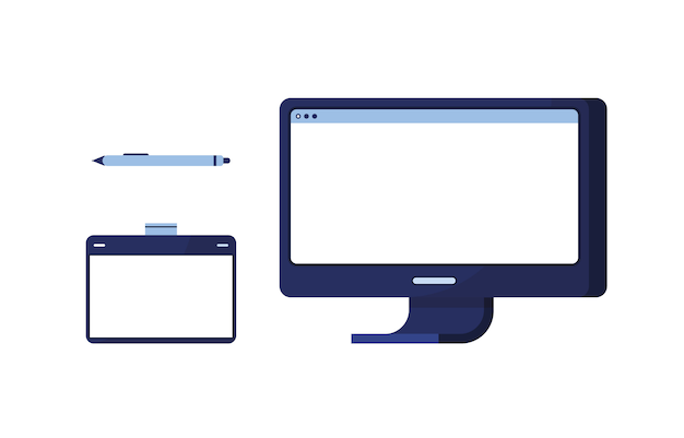 그래픽 태블릿 및 그리기위한 브러시 아이콘 pc 컴퓨터를 설정합니다. 창의력을 발휘하십시오. 회화, 그림. 푸른