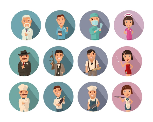 Set icon people different professions doctor cook man chef\
waitress mafia don gangster prostitute vector flat icon with shadow\
on color circle