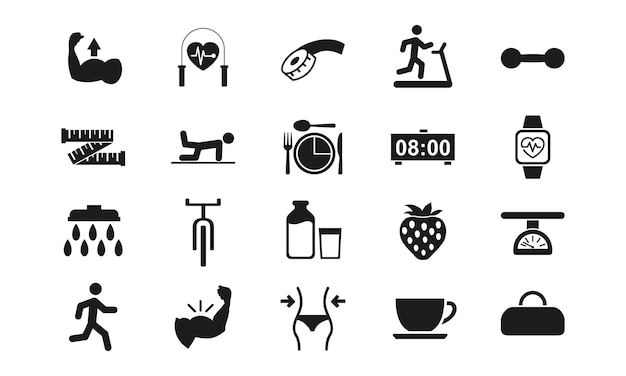 Vector set icon sport fitness solid glyph style icon