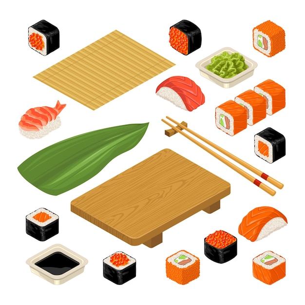 Vector set icon sushi nigiri and rolls served with bamboo mat chopsticks wasabi soy sauce and wood plate