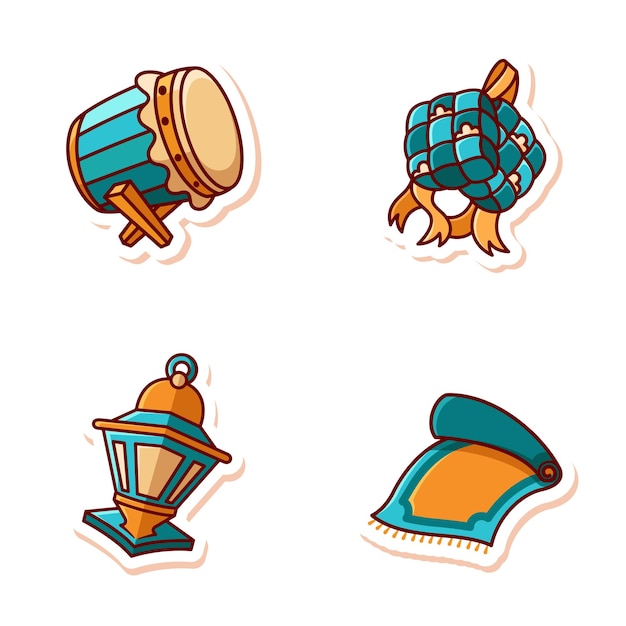 Set Icon Vector Cute Blue Bedug Ketupat Lantern Sajadah с дизайном мультфильма в изолированном стиле