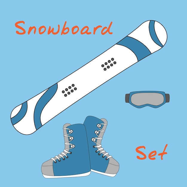 Set icon of winter sports equipment icons snowboard and shoes mask hand drawn vector illustration