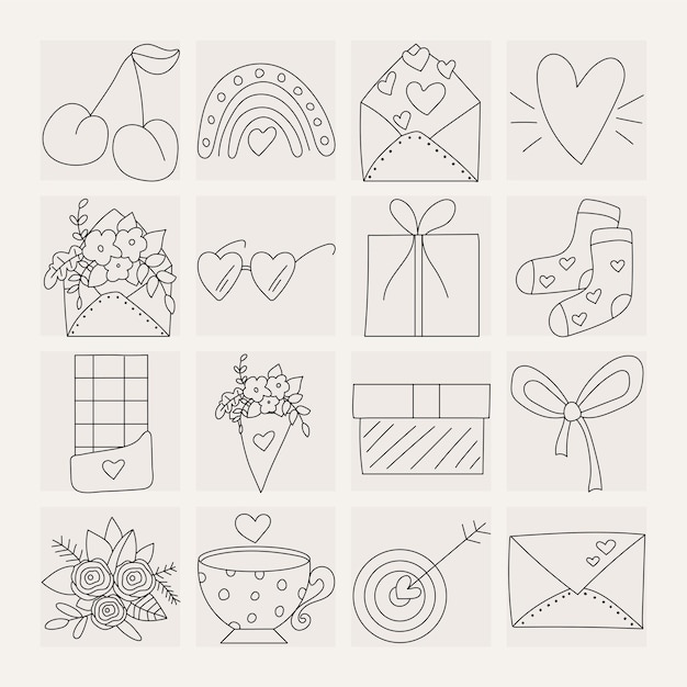 Set iconen elementen voor Valentijnsdag liefdesverklaringen en bruiloft doodles Hearts cadeau sokken
