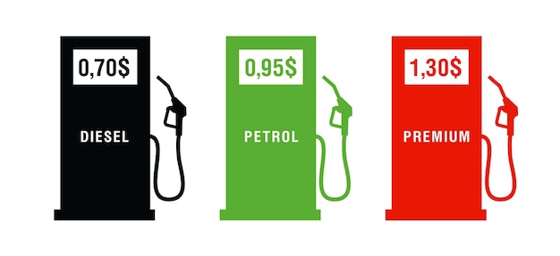 Set iconen van benzinestation met benzinekanon en prijs voor de diesel of benzine drie kleuren