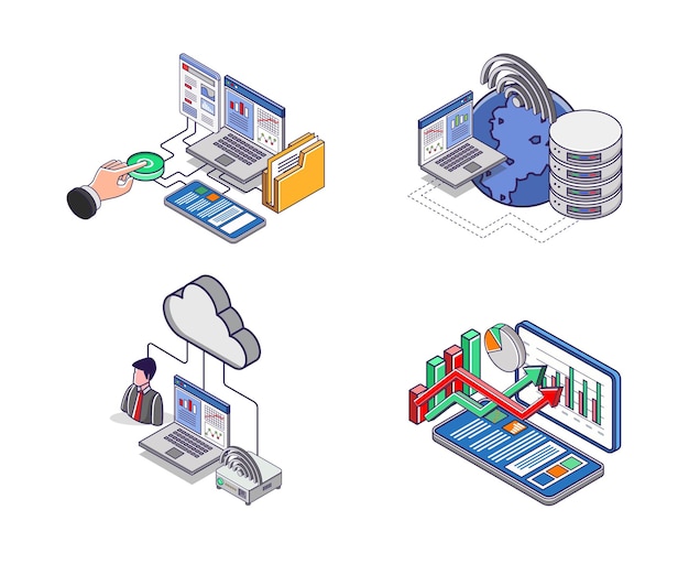 Set iconen voor hightech analyse van computer cloud netwerkserver