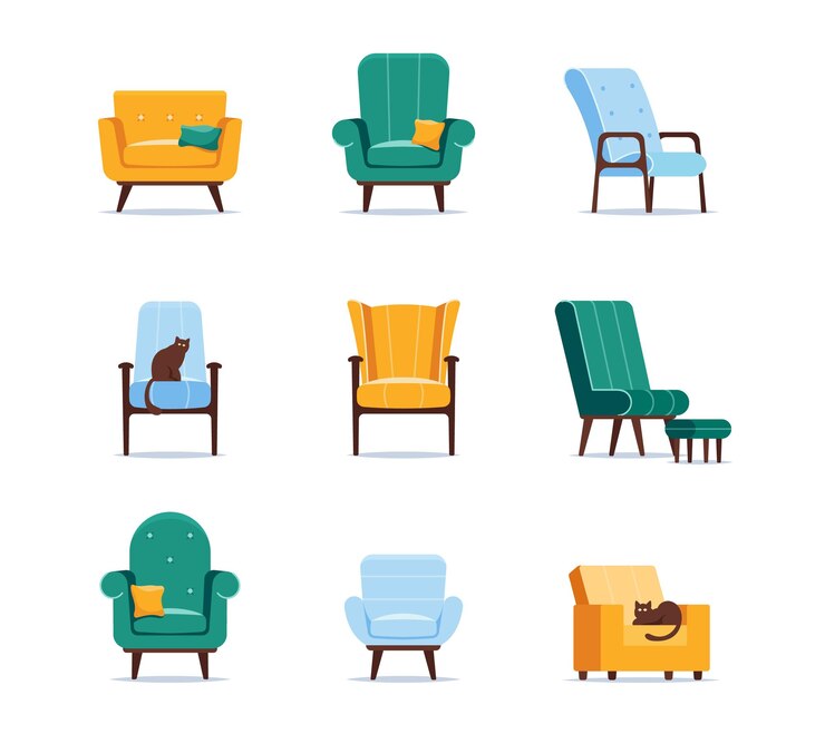 Vector set of icons armchairs of different design, quilted button tufted upholstery, armrests, wooden thin legs and soft seats