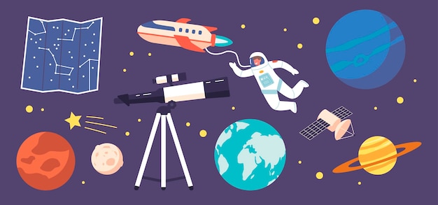 Set of Icons Astronomy Science Learning Interstellar Travel Telescope Sky Map Planets and Stars in Space Astronaut