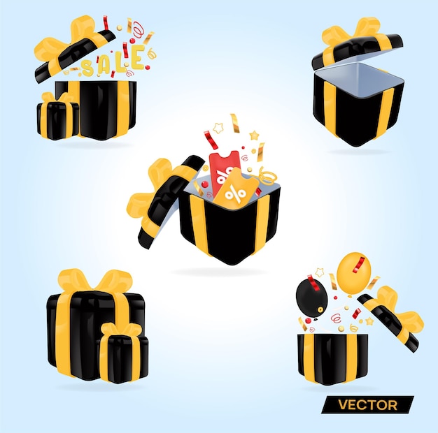 Set of icons of black boxes with a yellow bow.