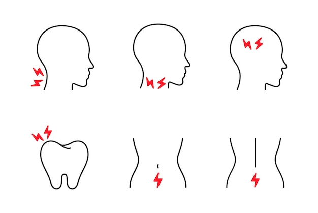 Vector set of icons of body pain collection of body parts with injuries painkiller painkiller concept