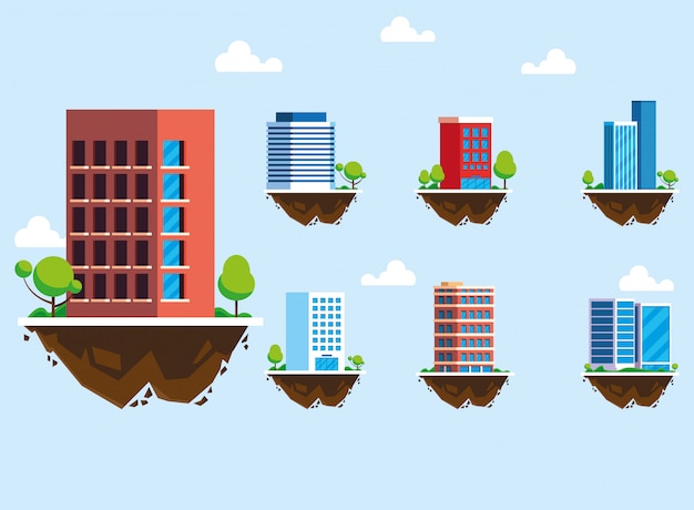 Set of icons of buildings over terrain, urban landscape