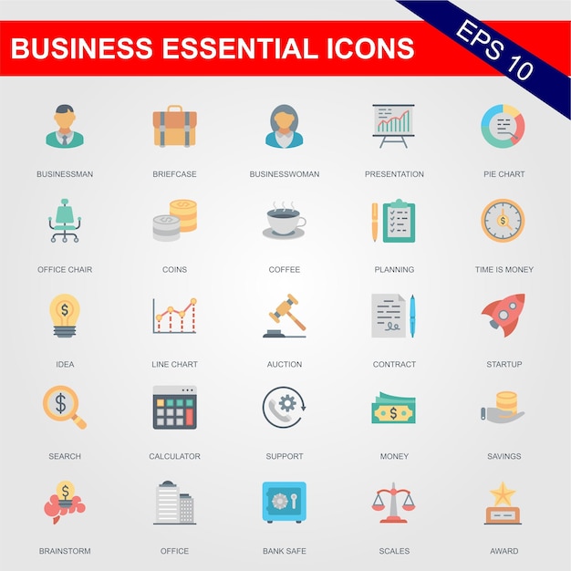 A set of icons for business essentials.