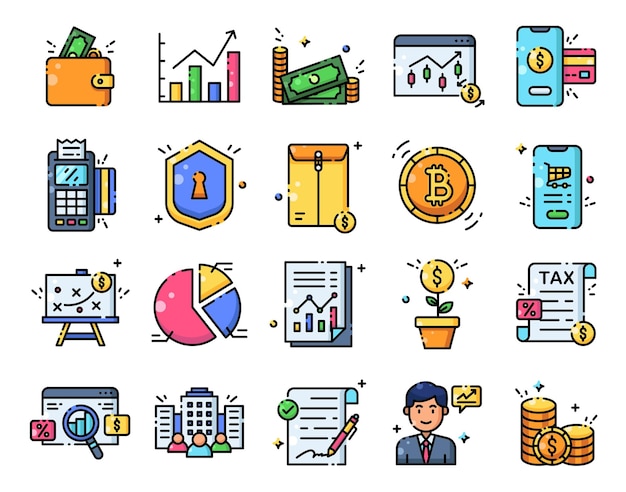 商业和金融的图标集填充切割向量插图