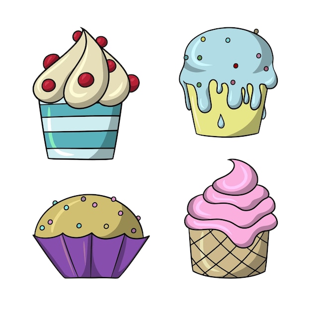 Набор иконок красочные вкусные кексы с нежным фруктовым кремом и векторным мультфильмом сахарной крошки