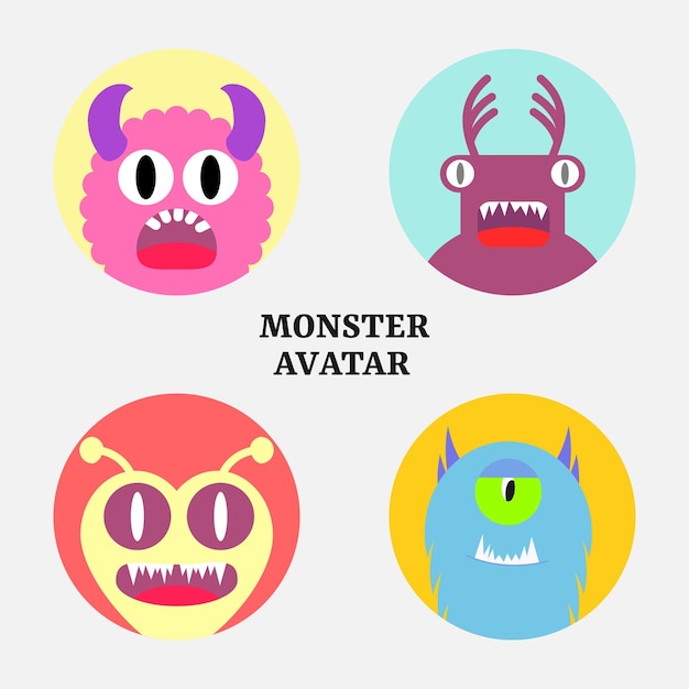 Vector set of icons cute cartoon 4 monsters in circles with emotions faces