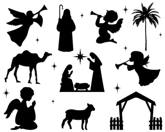 Set di icone per il design per la scena della natività. silhouette nera. illustrazione vettoriale.