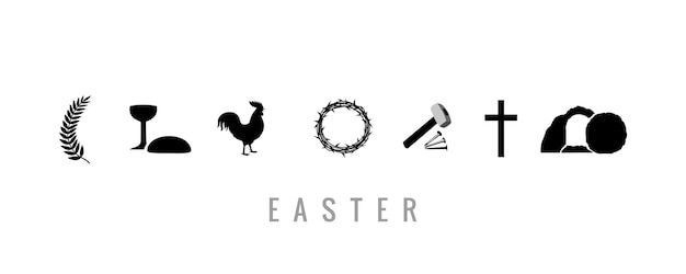 Vector set of icons for easter palm wine bowl cock crown of thorns nails mallet cross and tomb