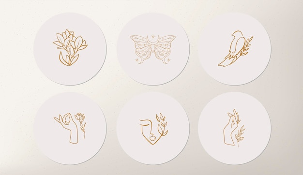 Set of icons and emblems for social media news covers with gold butterflies and female flower on a white background Design templates for yoga studio astrologer tourism beauty salons