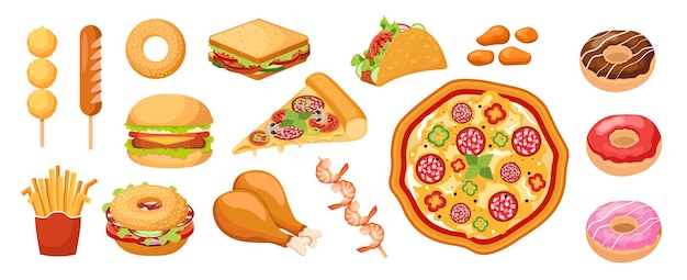 Set of icons fastfood, takeaway food french fries, sweet donuts, sandwich. chicken legs, nuggets and pizza with sausage