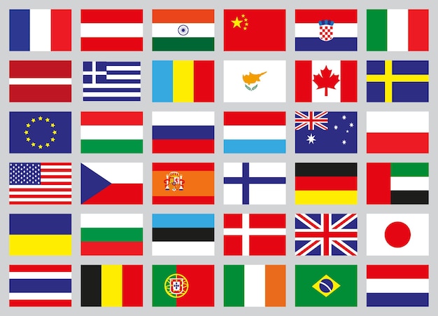 Установите значки флагов разных стран. Векторная иллюстрация.