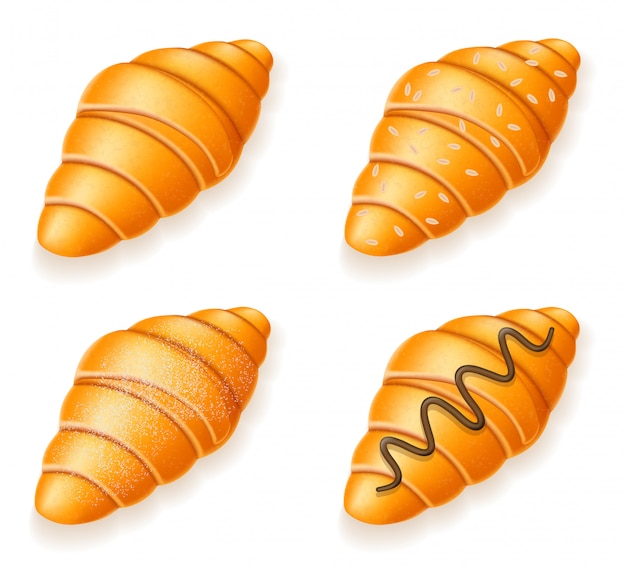 Set icons of fresh crispy croissants with sesame seeds chocolate and powdered sugar vector illustration