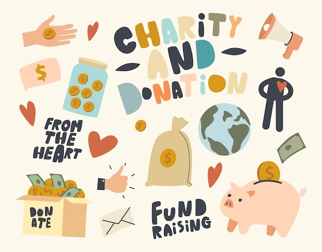 Set of Icons Fundraising, Volunteering, Charity Support and Volunteer Help Theme