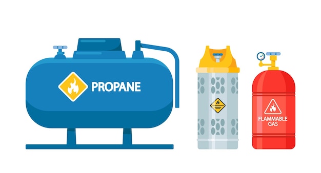 Набор иконок Газовые баллоны Lpg Gasbottles Цилиндрические контейнеры и резервуары со сжиженными сжатыми газами с высоким давлением и клапанами, изолированными на белом фоне Мультфильм векторная иллюстрация