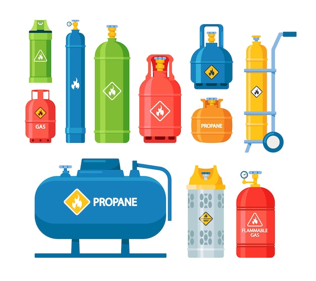 Set of Icons Gas Tanks and Cylinders with Compressed Oxygen Propane Dangerous Flammable Liquid Isolated on White