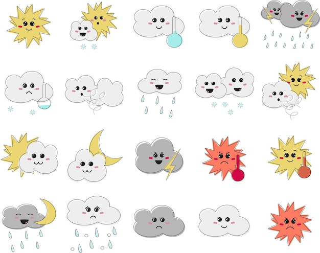 Set of icons kawaii faces weather