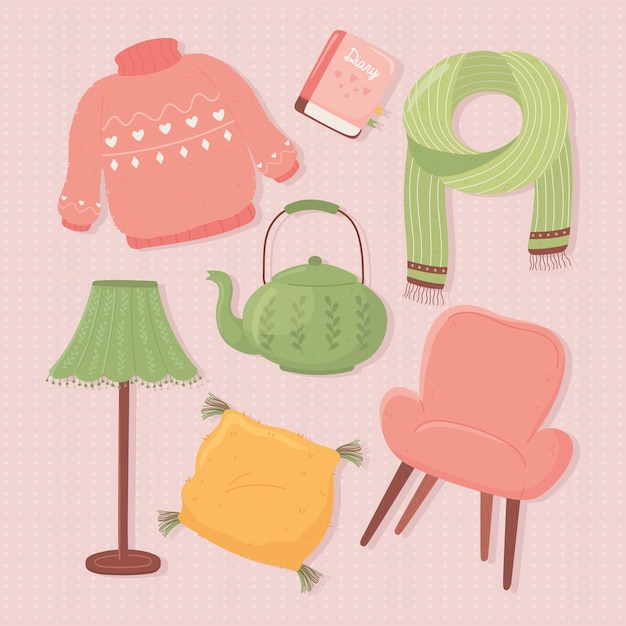 Vector set icons lamp teapot sweater chair scarf, cartoon hygge style illustration