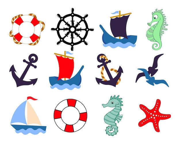 Vector set of icons on the marine theme ships anchor lifebuoy sailboats and other items