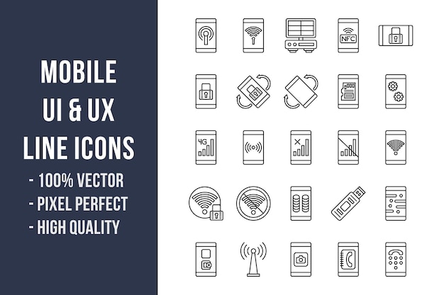 A set of icons for mobile using ux and digital symbols.