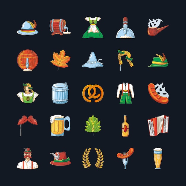 Set of icons of the oktoberfest celebration on black background design