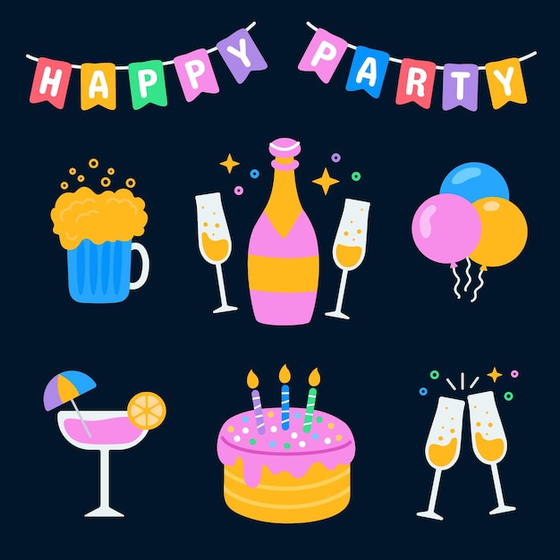 페인, 맥주, 케이크, 꽃받침, 테일 및 풍선으로 파티를 위한 아이콘 세트