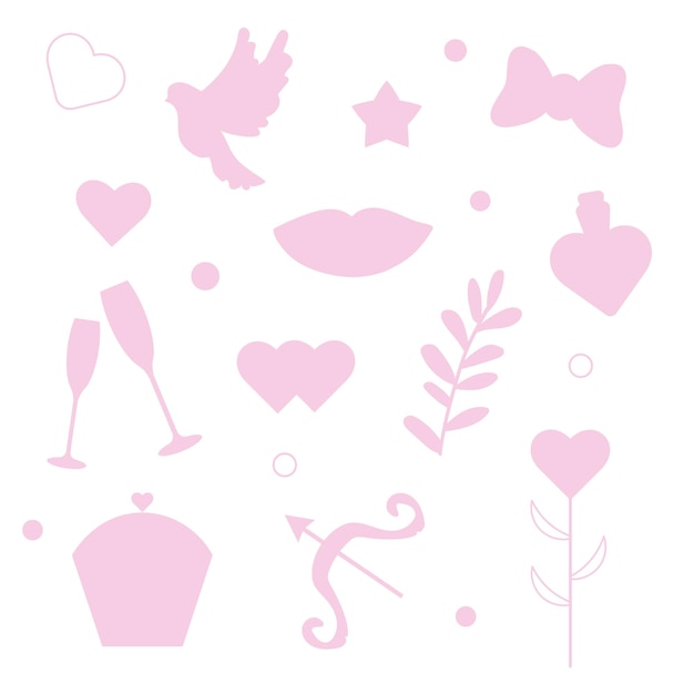 Vector set of icons in pink color for postcard design.valentine's day.