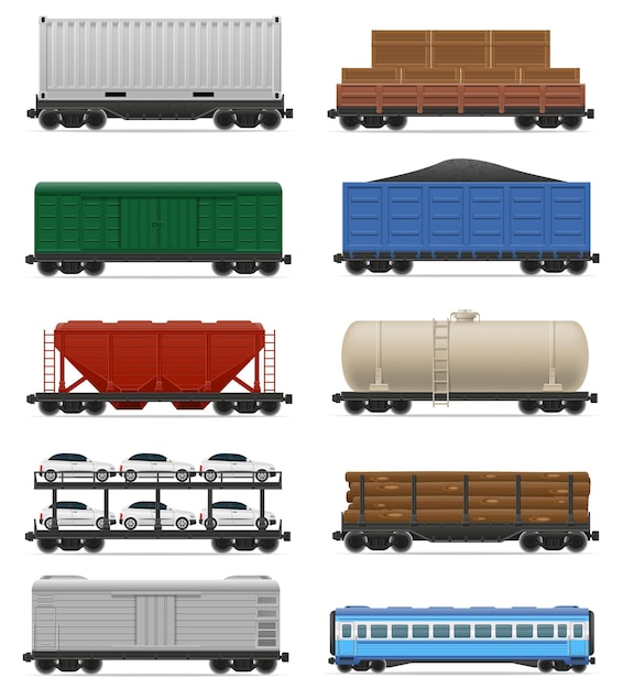 Vettore imposti l'illustrazione di vettore del treno della carrozza ferroviaria delle icone