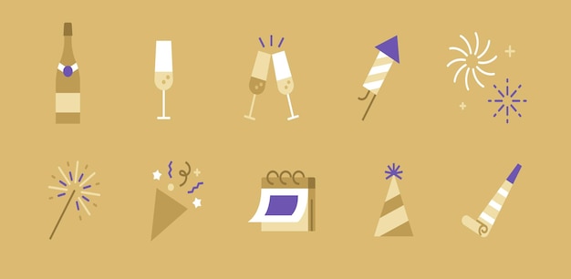 A set of icons related to New Year's celebrations