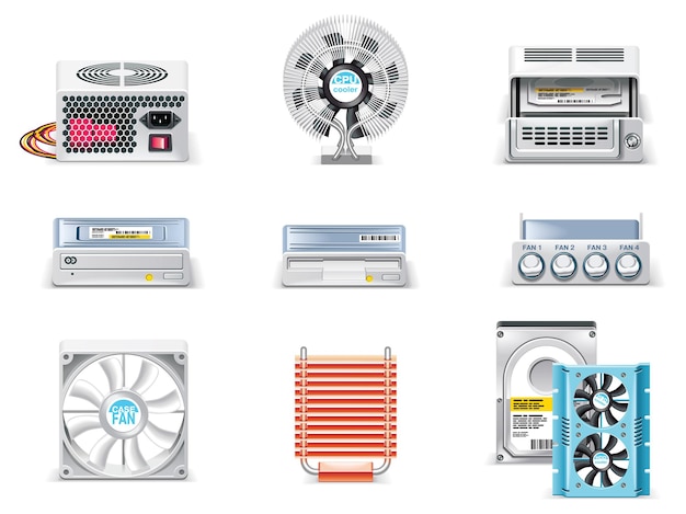 Set of icons representing realistic computer components