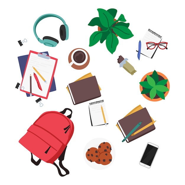 Vector set of icons rucksack headphones coffee cup and potted plant clipboard with stationery diary cupcake and smartphone