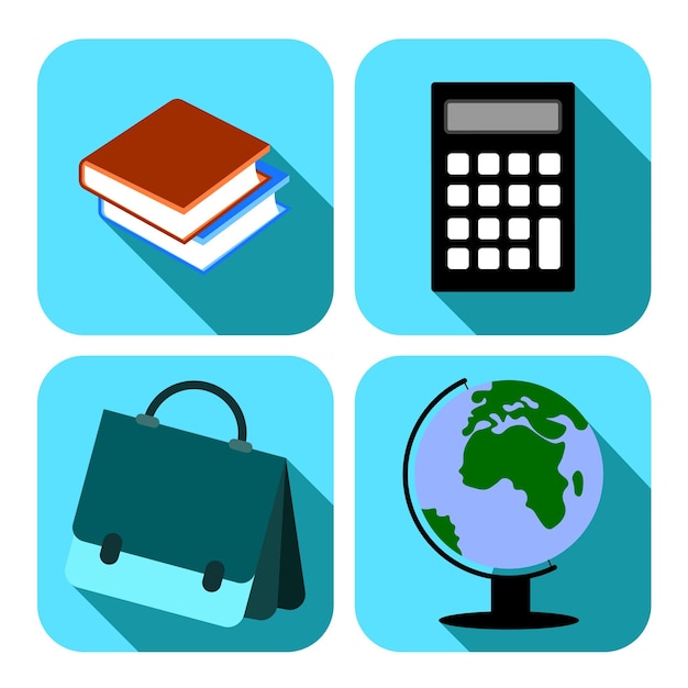 Набор иконок школьные предметы глобус калькулятор учебники книги портфель рюкзак