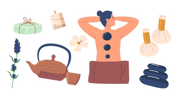 Set di icone spa salon procedure personaggio femminile applicare massaggio con pietra aromaterapia cura del corpo sapone artigianale fiore di lavanda teiera candela elemento isolato cartoon persone illustrazione vettoriale