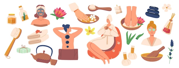 Set of Icons Spa Salon Procedures Female Character in Turban Drink Tea Stone Massage Clay and Paraffin Mask Aroma Oil Brush Pedicure Bamboo Lotus Flower Cartoon People Vector Illustration