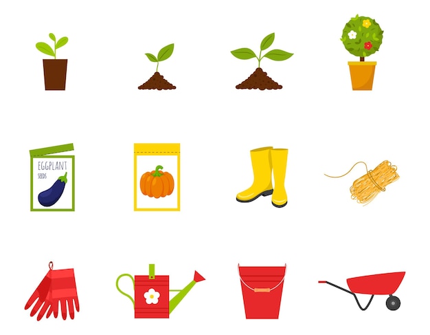 Set of icons. Spring, seedlings, sprouts, young plant, boots, seeds, rope, gloves, garden tools