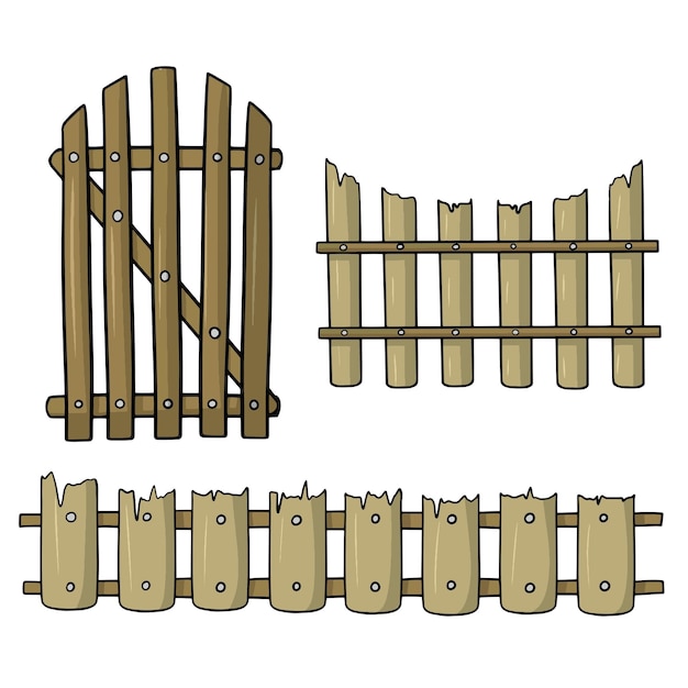 Vector a set of icons and stickers an old wooden fence with a semicircular top a gate vector cartoon