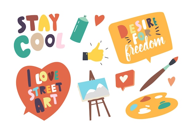 Vector set of icons street artist theme. aerosol balloon, palette with paints and brush, easel with picture on canvas, thumb up and stay cool typography