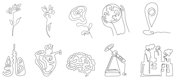 파란색 배경에 한 줄 스타일의 아이콘 세트 꽃 행성 포인터 폐 심장