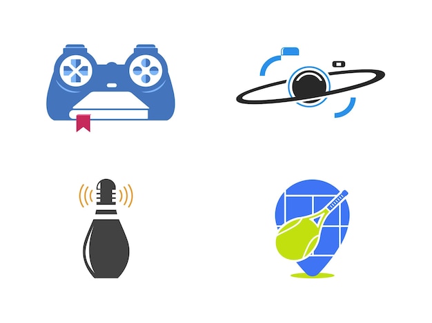 A set of icons for swell bottle camera game sticks and tennis locations