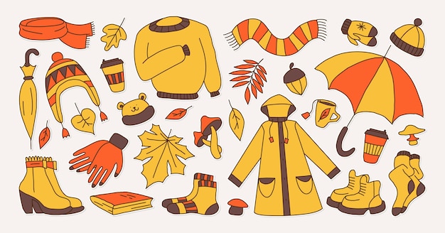 Set of icons symbolizing autumn bright cartoon childish style vector illustration