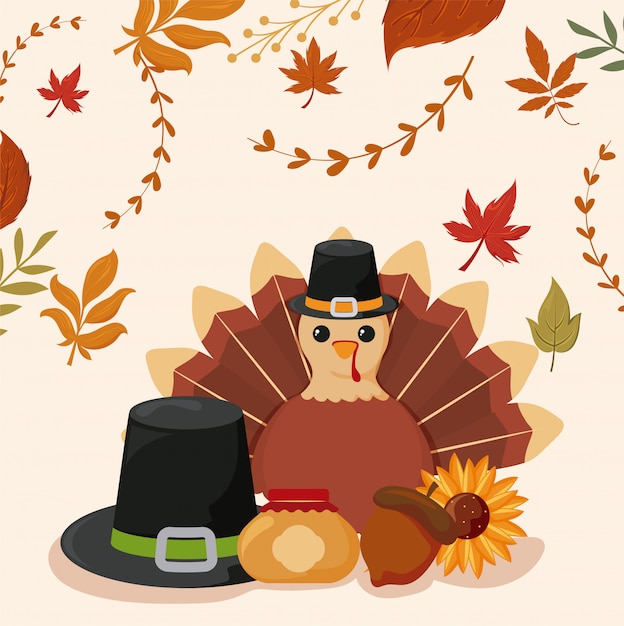 Set of icons thanksgiving with autumn leaves